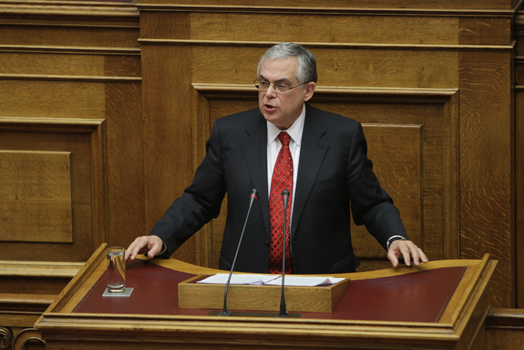 Prime Minister Papademos (*1947) speaking to the Hellenic Parliament on 14 November 2011