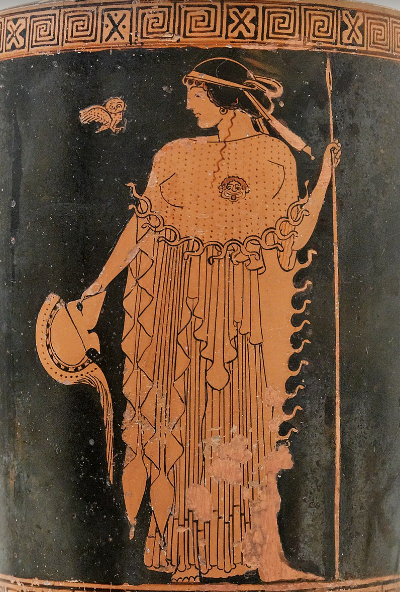 Athena holding a helmet and a spear (symbol of one’s awakening “I
am” (self-consciousness), with an owl. Attributed to the Brygos
Painter (circa 490–480 BC). The Metropolitan Museum of Art.