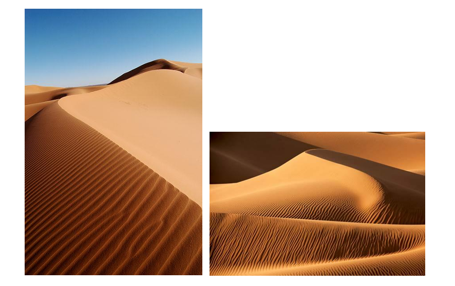 In these pictures the effect of the moving air (wind) on the resting sand depicts a rhythmical 
phenomenon - see the rhythmical waves in the sand.