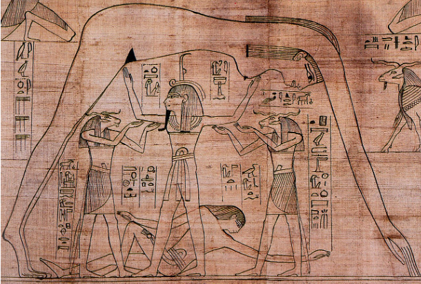 Nut, goddess of sky supported by Shu the god of air, and the ram-headed Heh deities, while the earth god Geb reclines beneath.