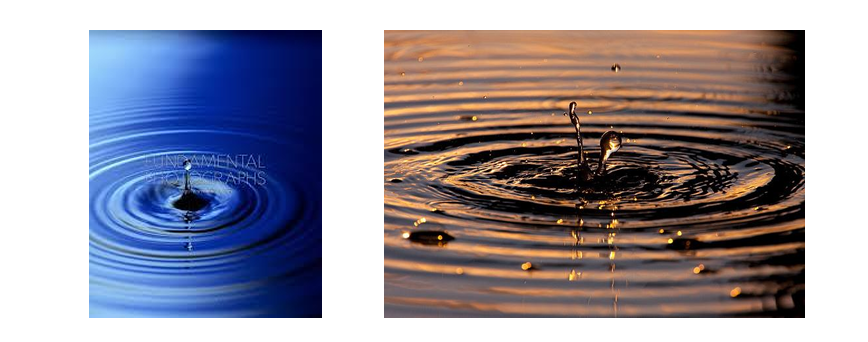 In these pictures, the effect of moving water (a drop falling) on the tranquil surface of the water 
depicts appearing waves as a rhythmical phenomenon. 